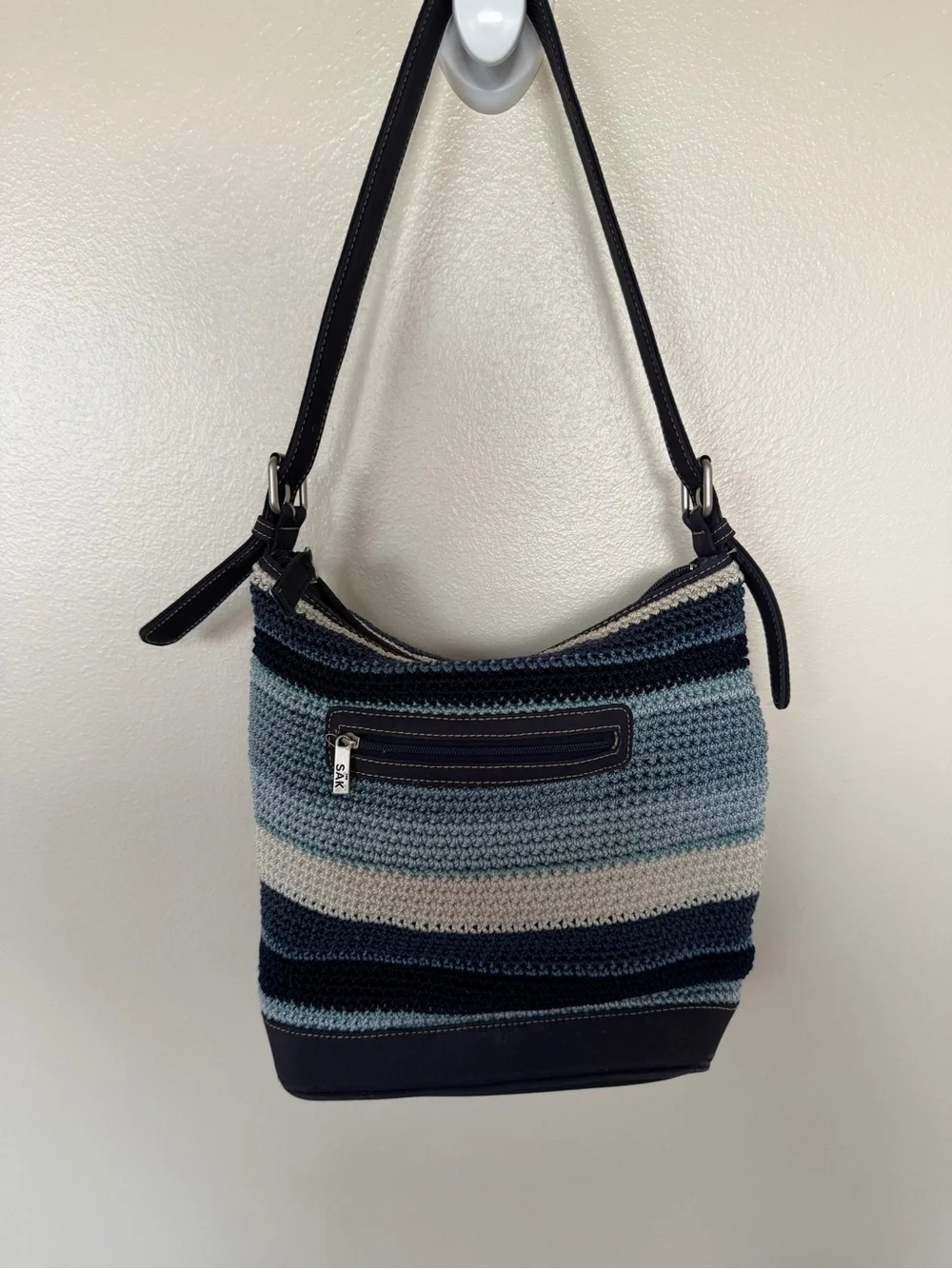 THE SAK Vintage Blue Stripe Crochet Knit Hobo Shoulder Bag